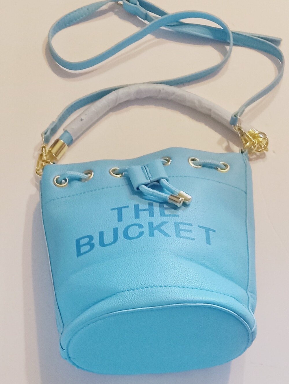 Women’s Blue Drawstring Bucket Bag Purse, Small, Top Handle, Gold Hardware, New